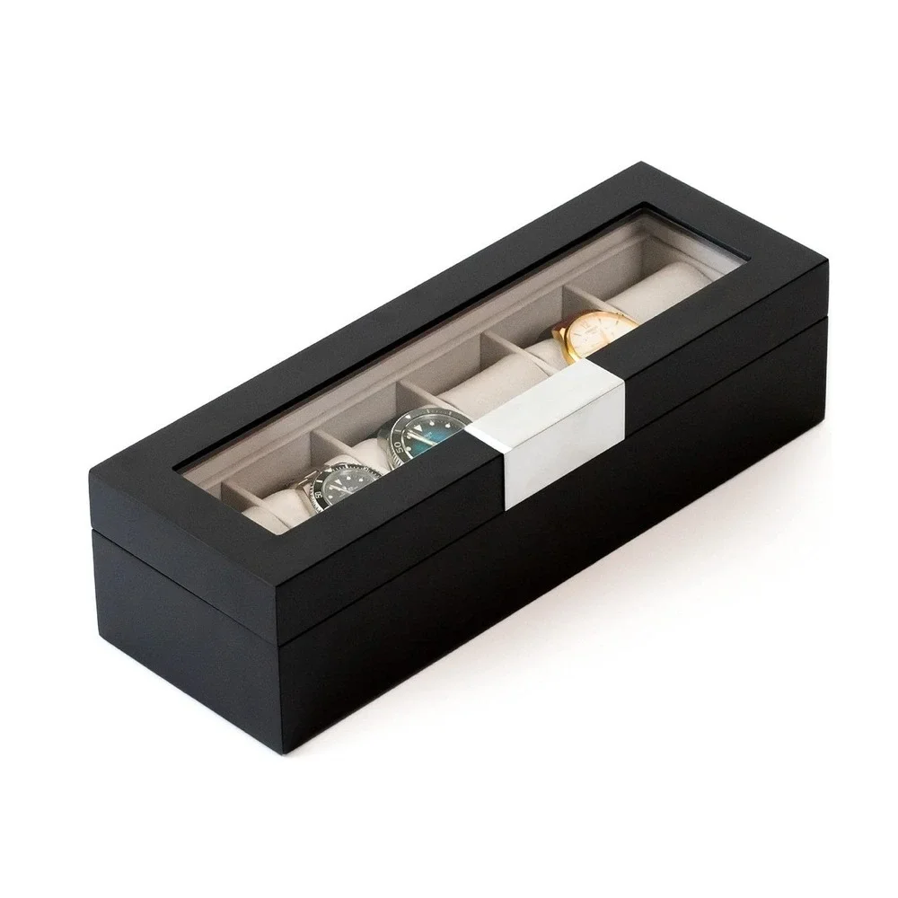 Case Elegance 6 Slot Watch Box Matte‎ Black Glass Top Organizer PJ0582